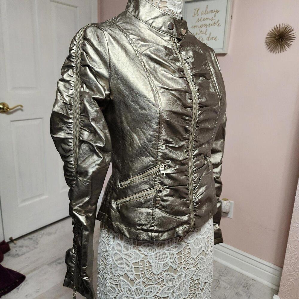 CARMIN Metallic Gold/Silver Faux Leather Moto Jacket Women’s Large L – LKNW